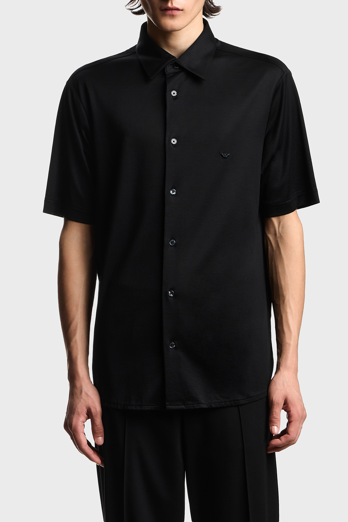 Emporio Armani Pamuk Karışımlı Slim Fit Logolu Kısa Kollu Erkek Gömlek EM004603 AF10017 UC001 SİYAH