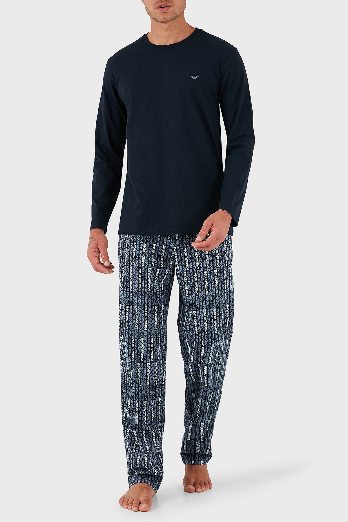 Emporio Armani Pamuklu Jakarlı Regular Fit Normal Bel Bisiklet Yaka Erkek Pijama Takımı EM000611 AF14994 MB310 MAVİ