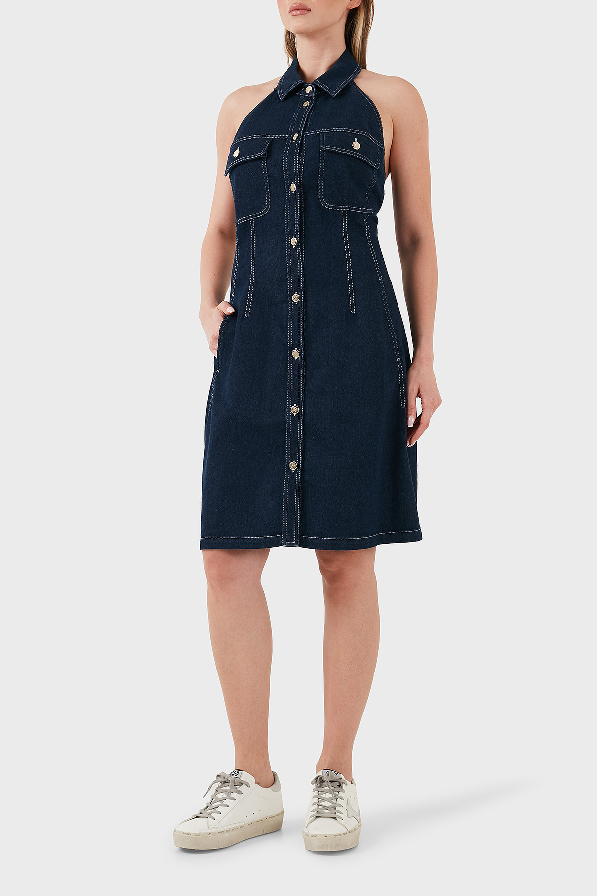 Emporio Armani Pamuklu Regular Fit Düğmeli Kot Kadın Elbise EW000752 AF12436 MB001 LACİVERT