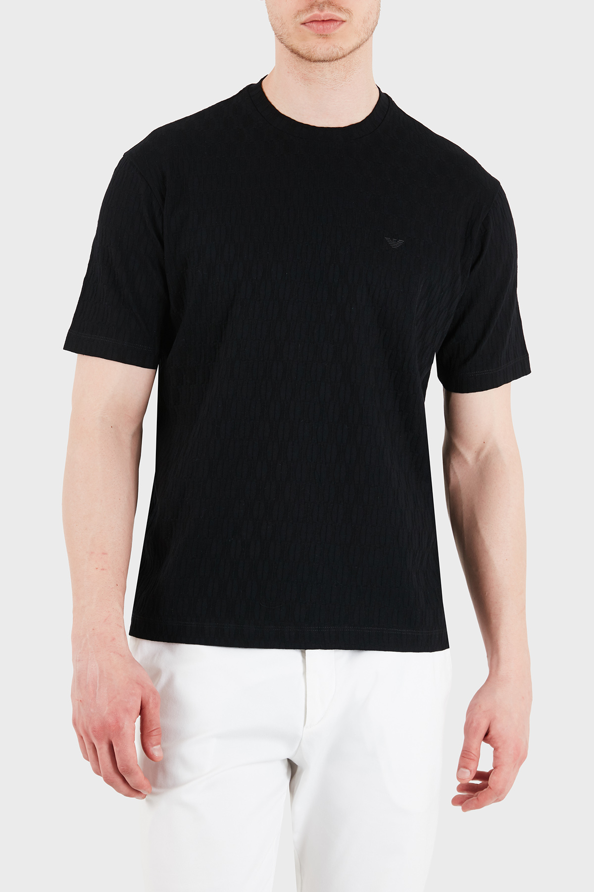 Emporio Armani Pamuklu Regular Fit Logolu Bisiklet Yaka Jakarlı Erkek T Shirt EM005699 AF25298 UC001 SİYAH