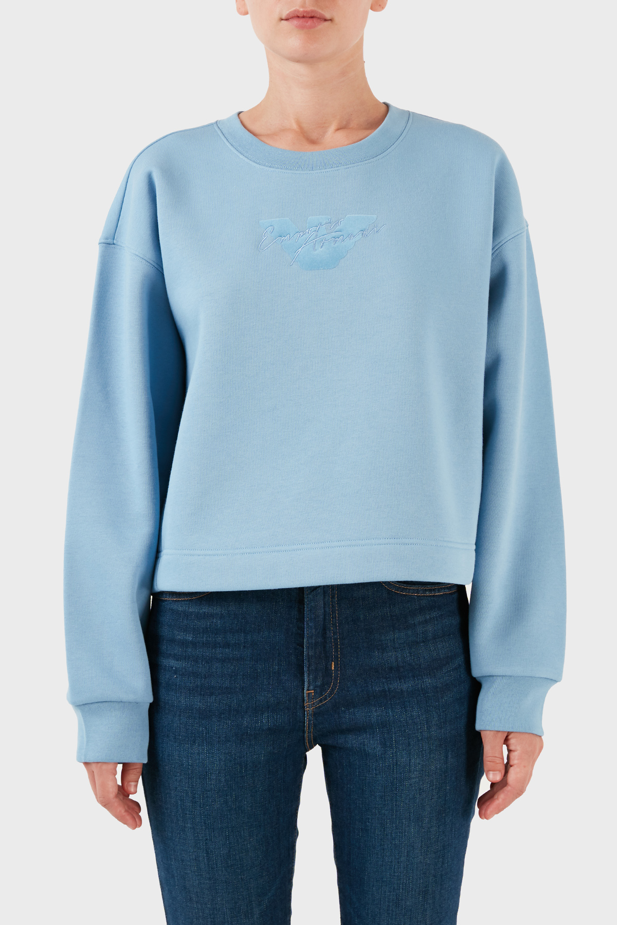 Emporio Armani Pamuklu Relaxed Fit Bisiklet Yaka Crop Kadın Sweat 6R2M7L 2JTDZ 0712 MAVİ