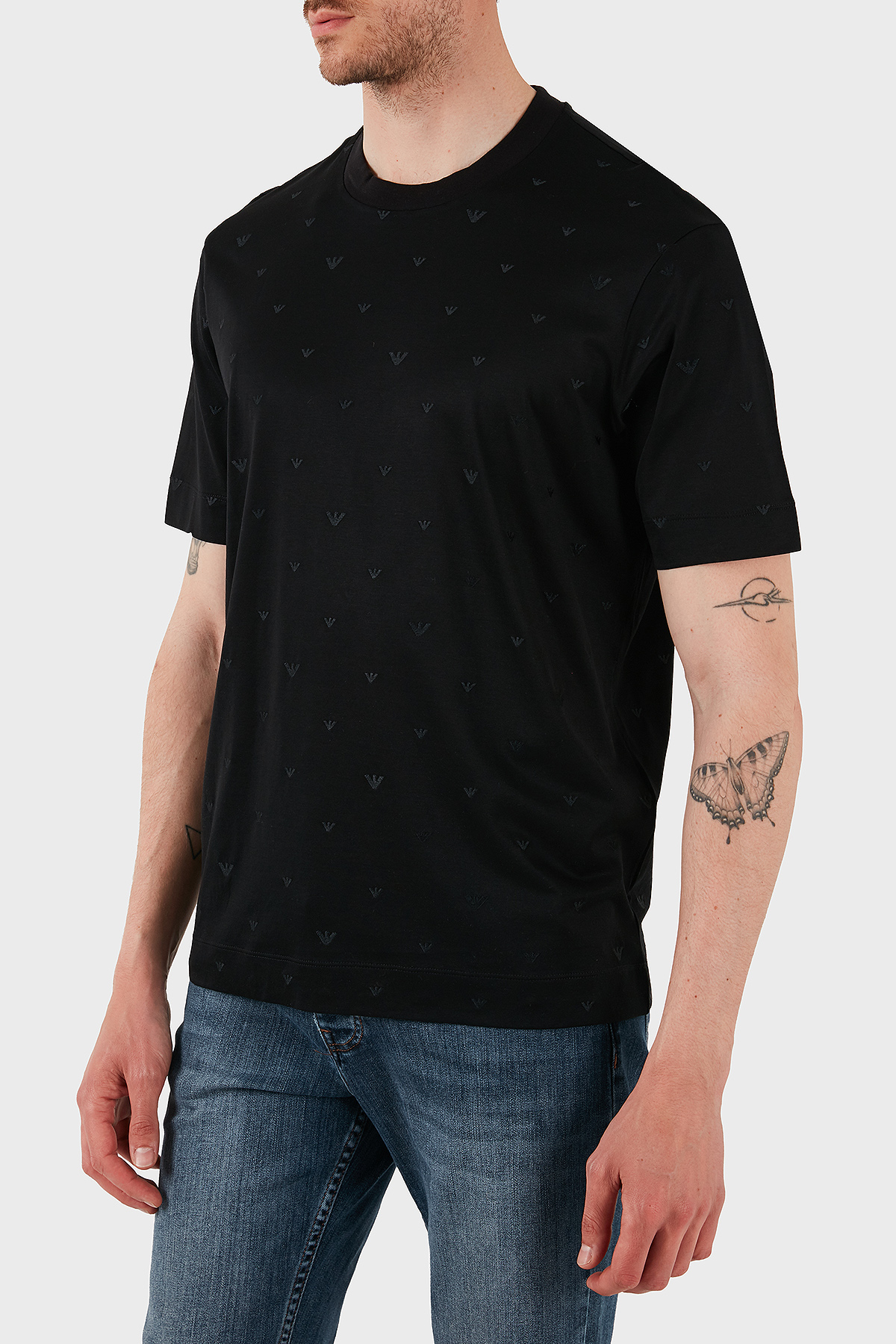Emporio Armani Regular Fit Bisiklet Yaka Tamamı Logolu Erkek T Shirt EM001400 AF10017 FC185 SİYAH