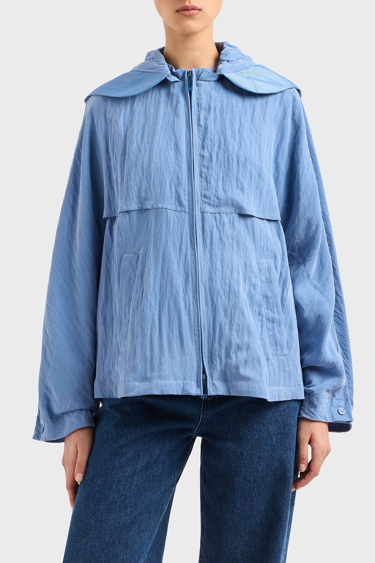 Emporio Armani Regular Fit Çıkarılabilir Kapüşonlu Cupra Kadın Ceket EW000642 AF12644 U9324 MAVİ