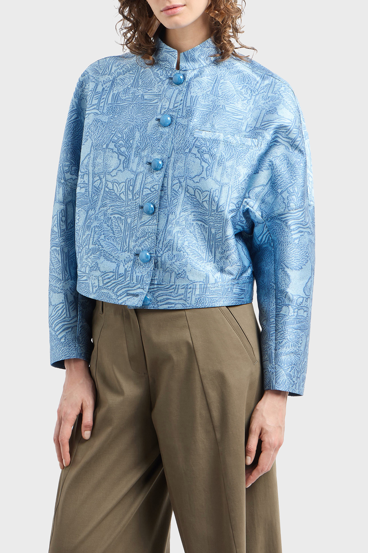Emporio Armani Regular Fit Dik Yaka Tamamı Jakarlı Kadın Ceket EW001548 TE13445 F9024 AÇIK MAVİ