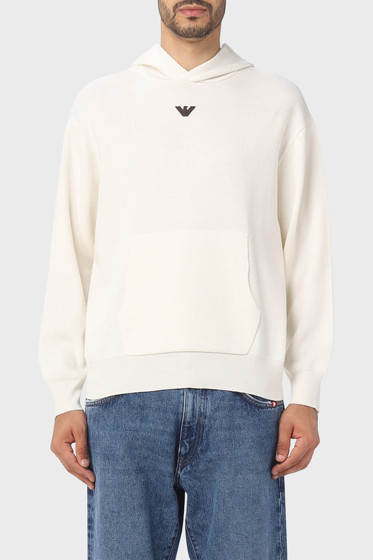 Emporio Armani Relaxed Fit Kapüşonlu Kanguru Cepli Yün Karışımlı Triko Erkek Sweat 6R1MX7 1MNBZ F1F4 EKRU