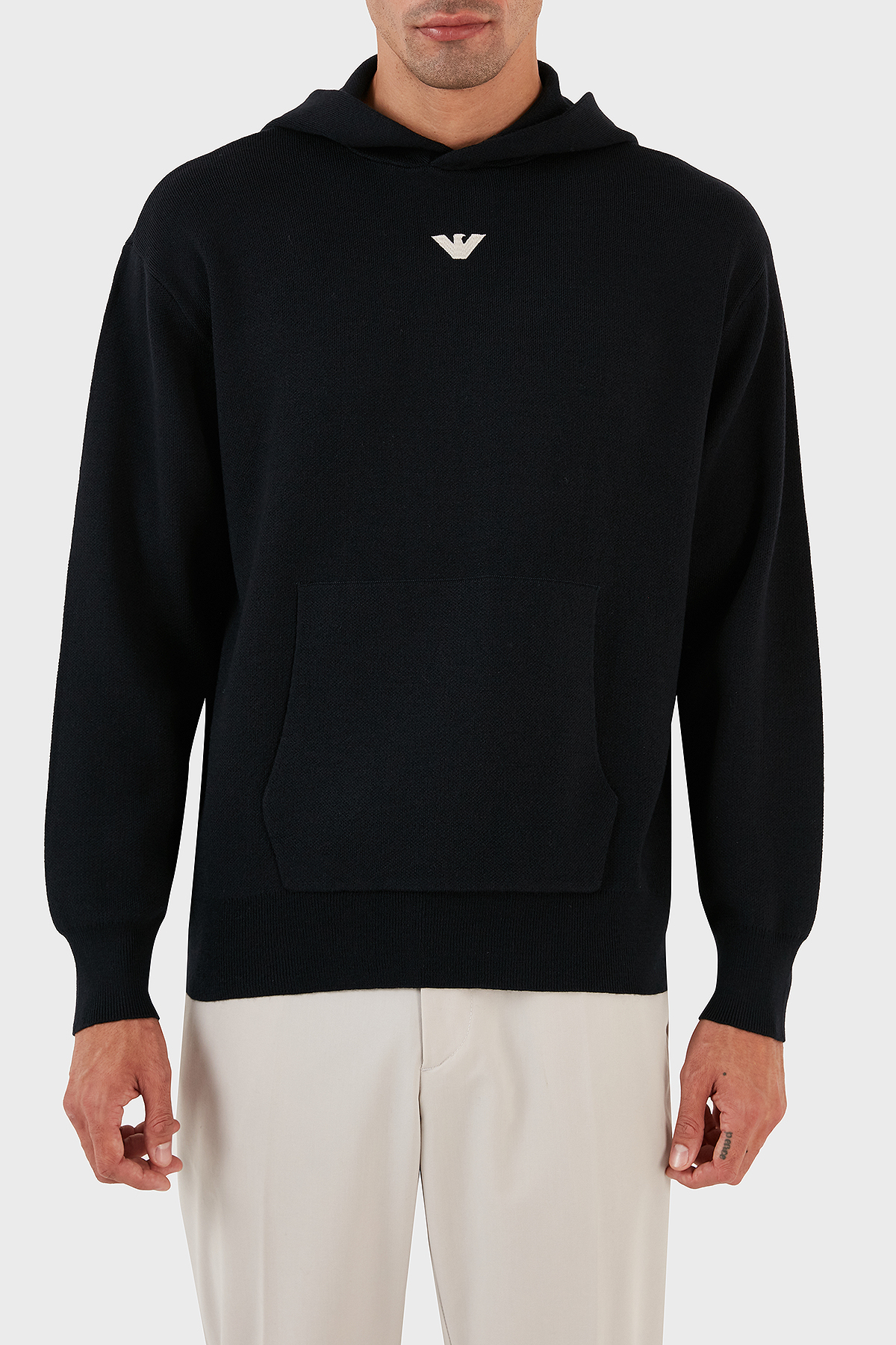 Emporio Armani Relaxed Fit Kapüşonlu Kanguru Cepli Yün Karışımlı Triko Erkek Sweat 6R1MX7 1MNBZ F904 LACİVERT