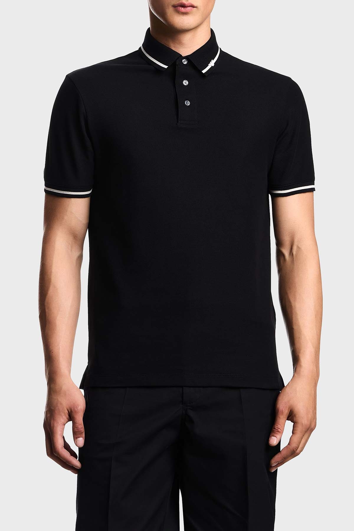 Emporio Armani Şerit Detaylı Pamuklu Regular Fit Düğmeli  Yaka T Shirt Erkek Polo EM003003 AF10497 UC001 SİYAH
