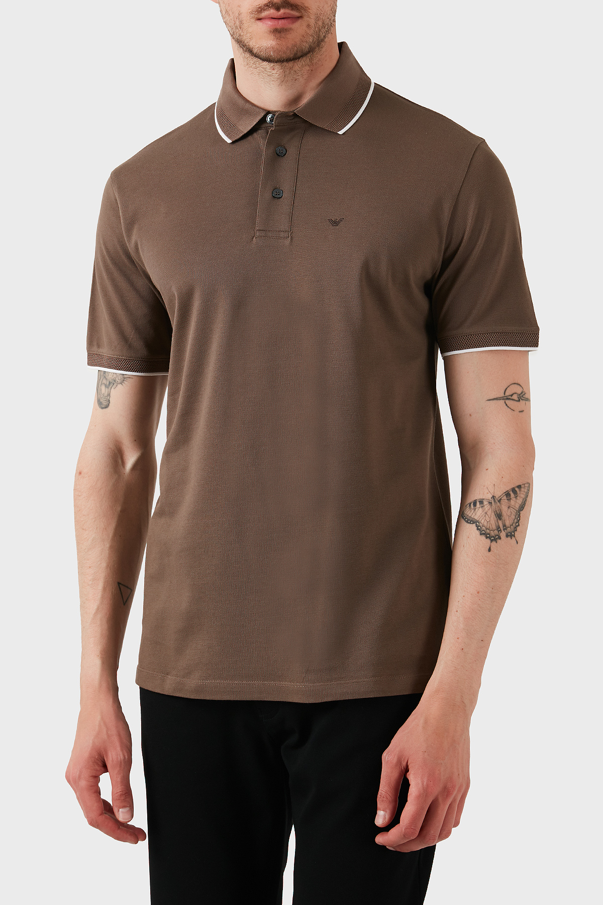 Emporio Armani Şeritli % 100 Pamuk Düğmeli Erkek Polo Yaka T Shirt EM000858 AF12955 U6195 KAHVE