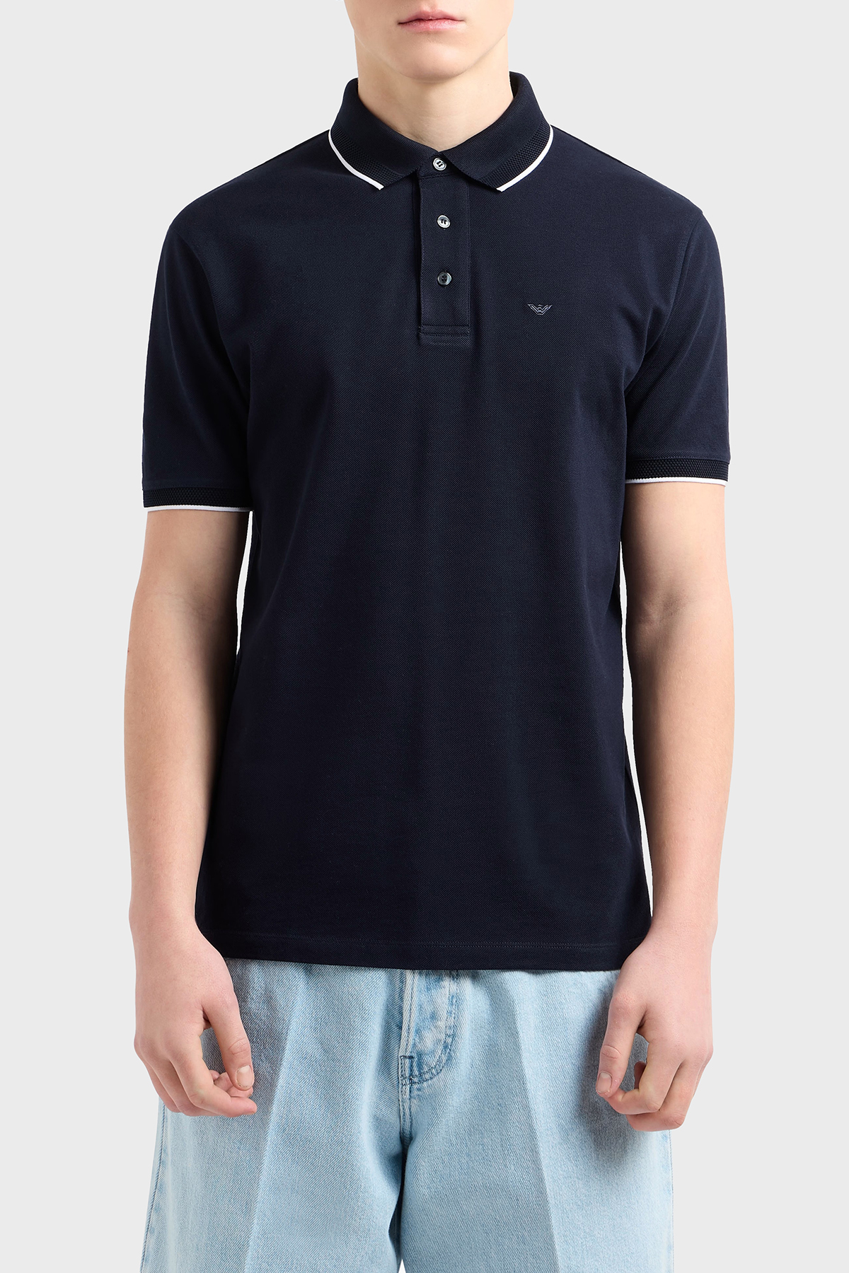 Emporio Armani Şeritli % 100 Pamuk Düğmeli Erkek Polo Yaka T Shirt EM000858 AF12955 UB118 LACİVERT