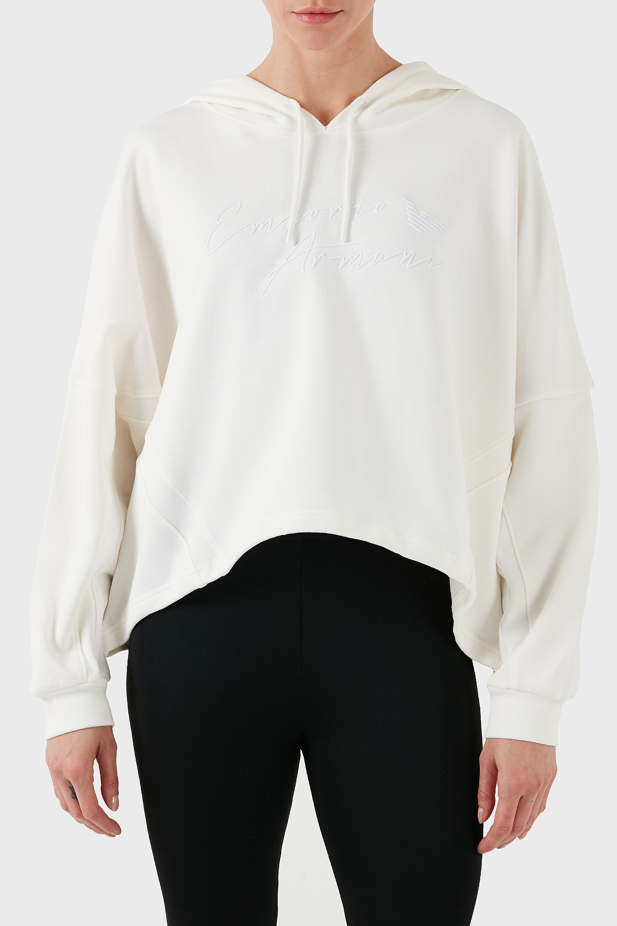 Emporio Armani Streç Pamuklu Boyfirend Fit Kapüşonlu Kadın Sweat 6D2M7F 2J49Z 0101 BEYAZ