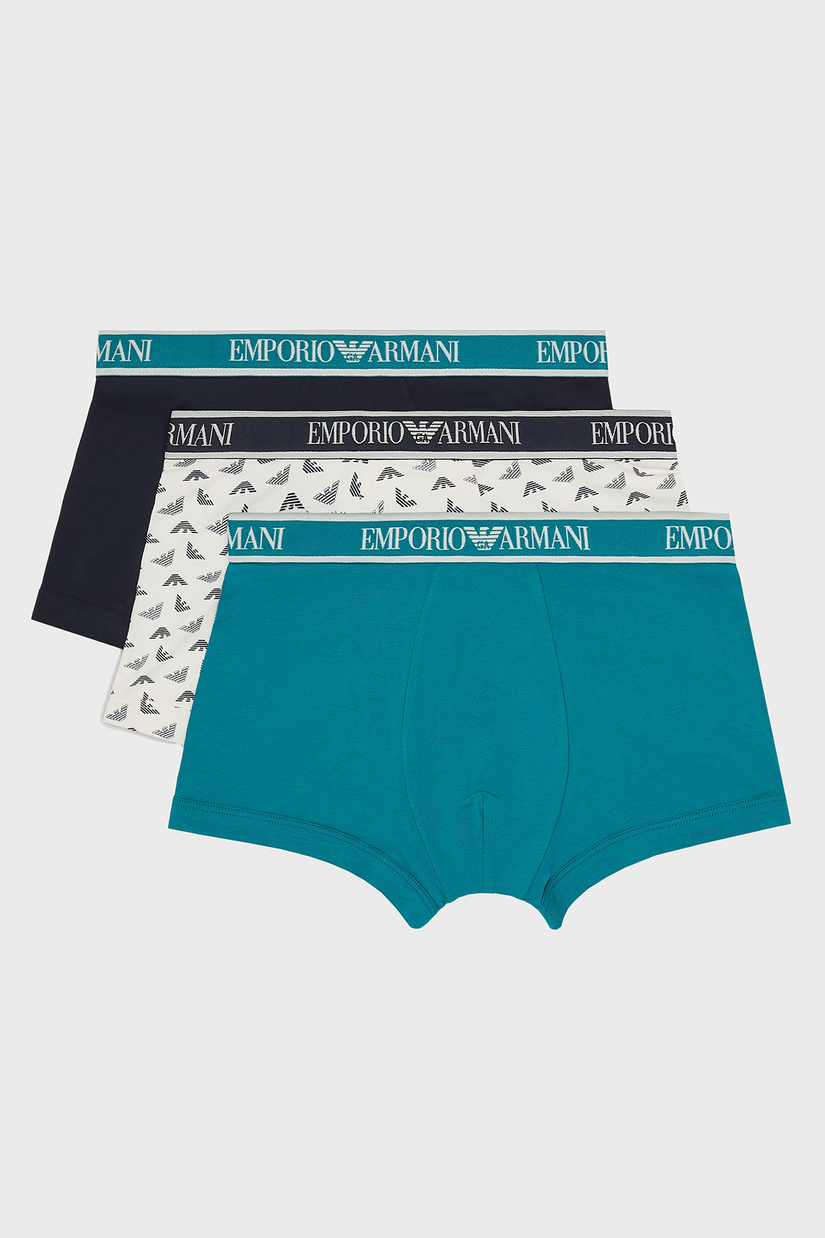 Emporio Armani Streç Pamuklu Logo Baskılı 3 Pack Erkek Boxer EM000370 AF10779 MB092 Siyah-Beyaz-Yeşil