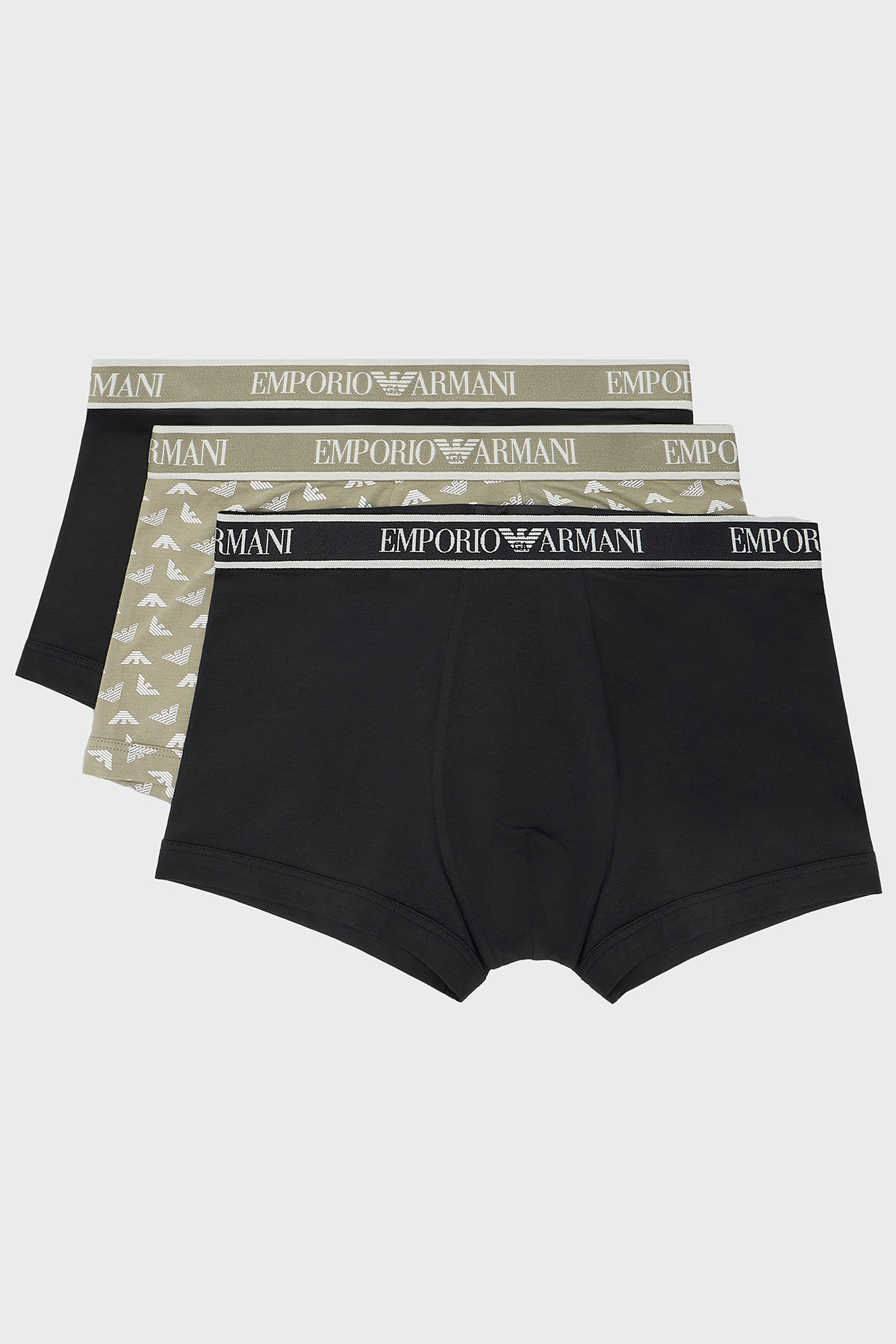 Emporio Armani Streç Pamuklu Logo Baskılı 3 Pack Erkek Boxer EM000370 AF10779 MC065 Haki-Siyah-Siyah