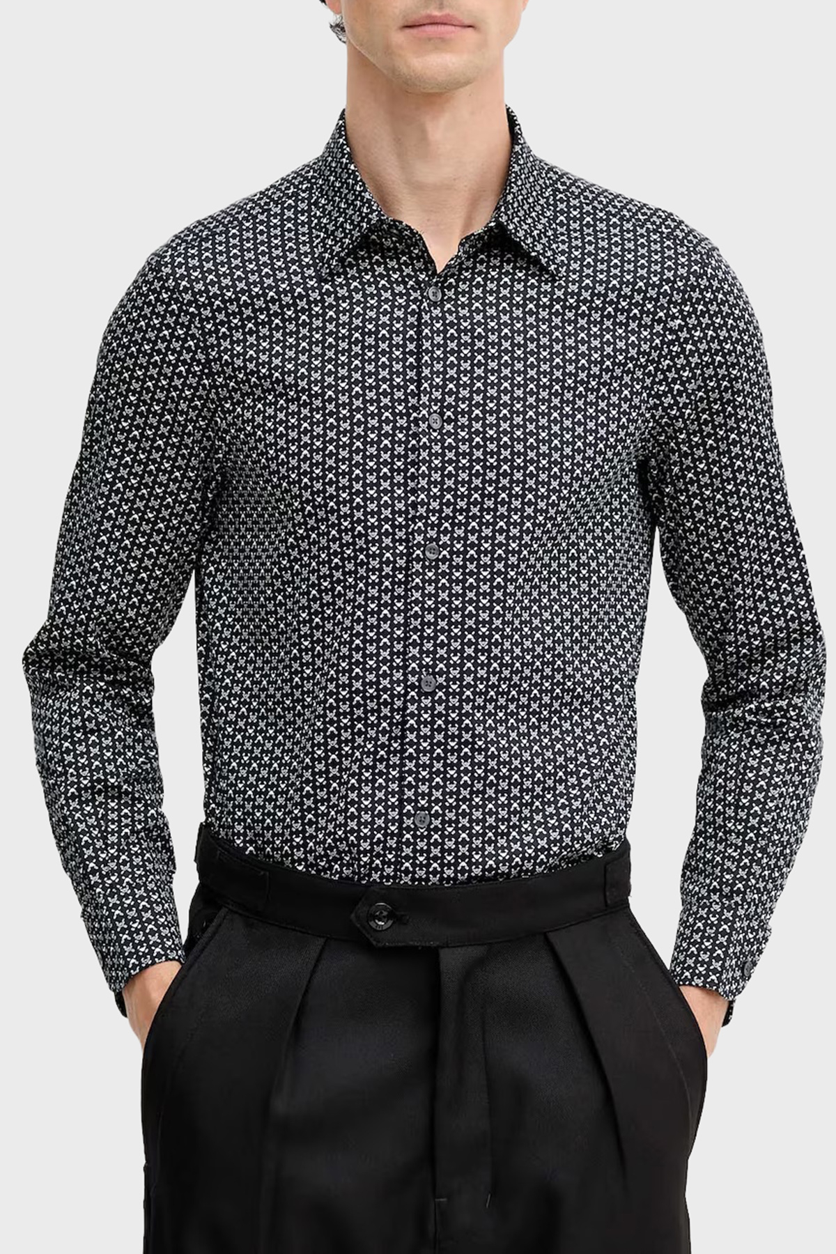 Emporio Armani Streç Pamuklu Regular Fit Klasik Yaka Desenli Erkek Gömlek EM001537 AF14130 FB323 LACİVERT-BEYAZ
