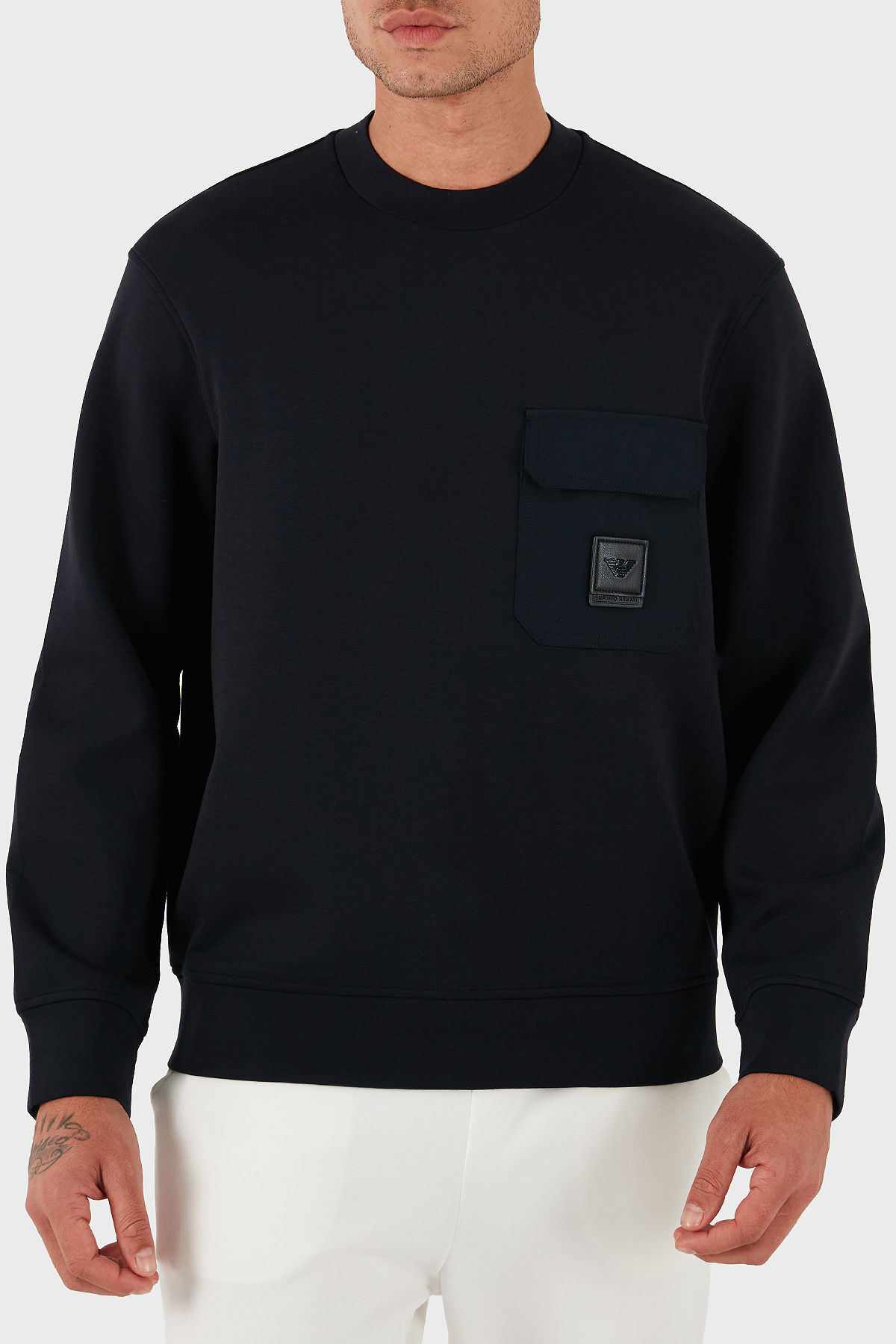 Emporio Armani Streç Pamuklu Regular Fit Tek Cepli Bisiklet Yaka Erkek Sweat EM002925 AF10013 UB118 LACİVERT