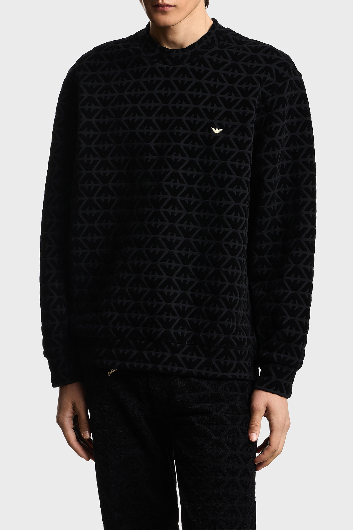 Emporio Armani Tamamı Kabartma Logolu Regular Fit Kadife Dokulu Erkek Sweat EM005164 AF10013 FC307 SİYAH