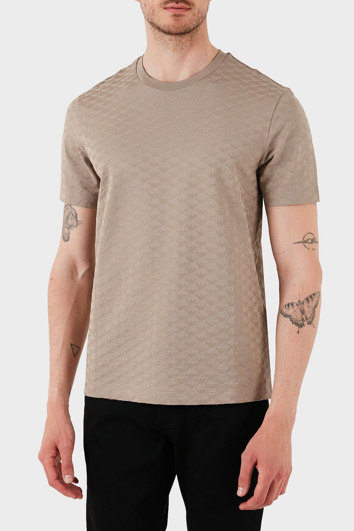 Emporio Armani Tamamı Logolu % 100 Pamuk Slim Fit Bisiklet Yaka Erkek T Shirt 8N1TL7 1JHWZ U6167 BEJ