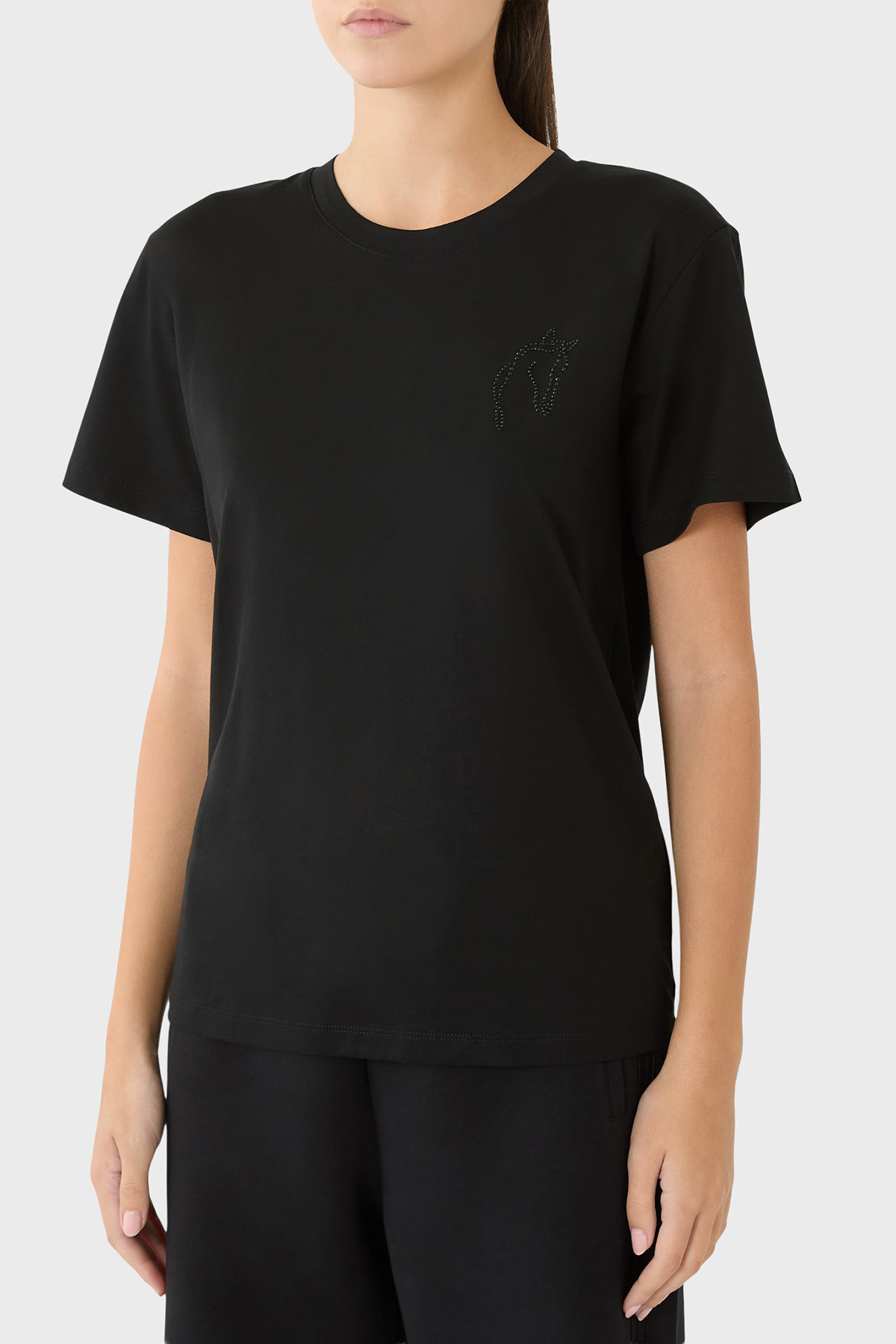 Emporio Armani Taş İşlemeli Pamuklu Jarse Slim Fit Bisiklet Yaka Kadın T Shirt EW003970 AF10003 UC001 SİYAH