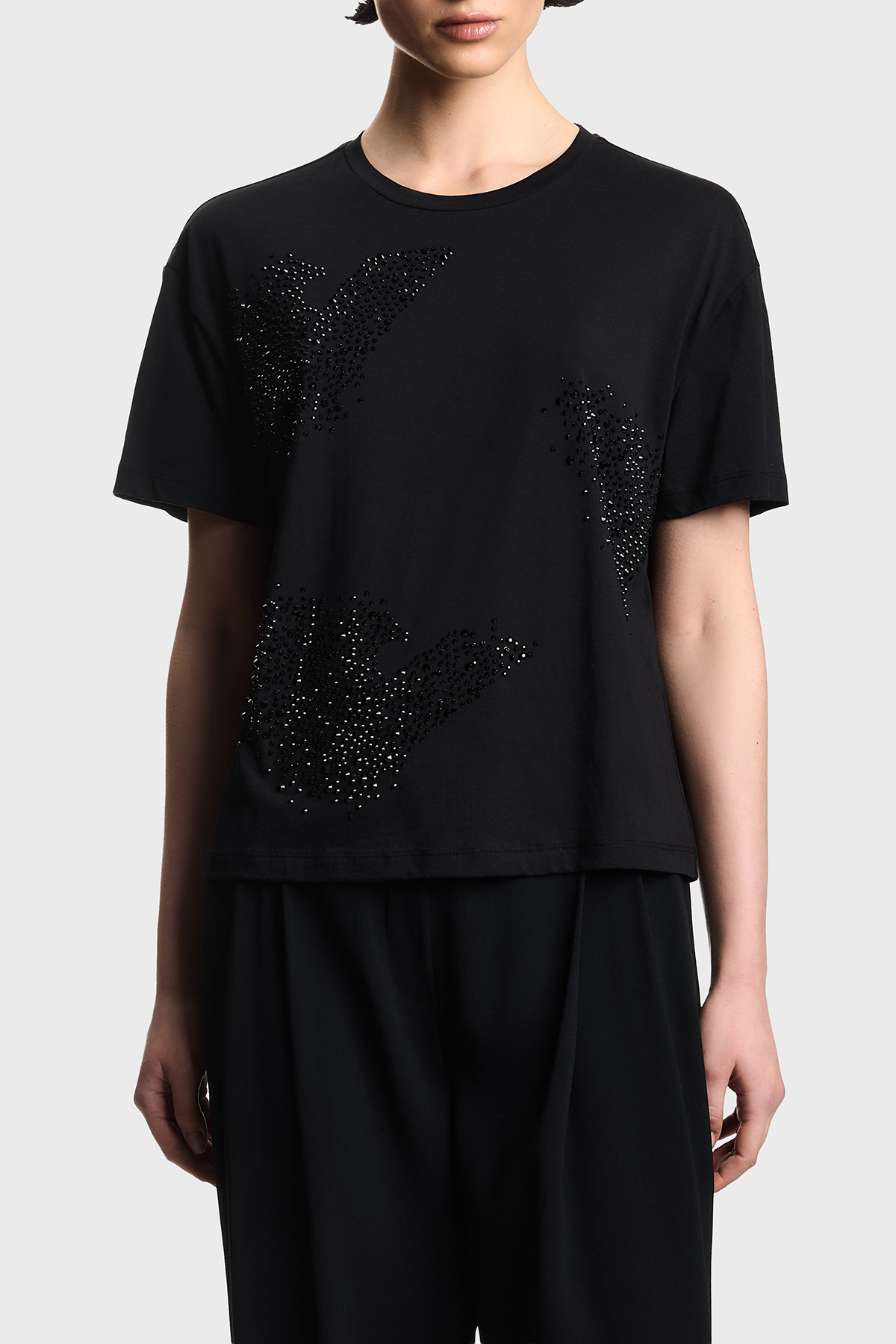 Emporio Armani Taşlı % 100 Pamuk Regular Fit Bisiklet Yaka Kadın T Shirt EW003595 AF12597 UC001 SİYAH