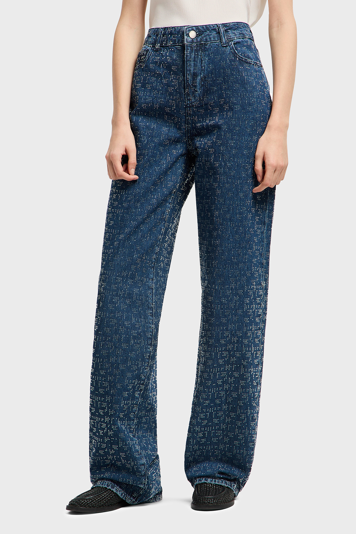 Emporio Armani Taşlı Regular Fit Yüksek Bel Geniş Paça Jeans Kadın Kot Pantolon EW001119 AF13298 MB001 LACİVERT