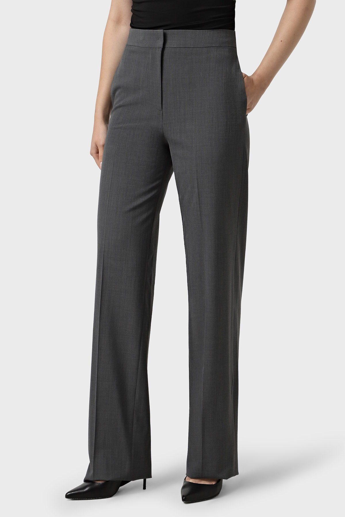 Emporio Armani Yün Karışımlı Regular Fit Yüksek Bel Geniş Paça Kadın Pantolon EW002046 TE15608 O8002 AÇIK GRİ MELANJ