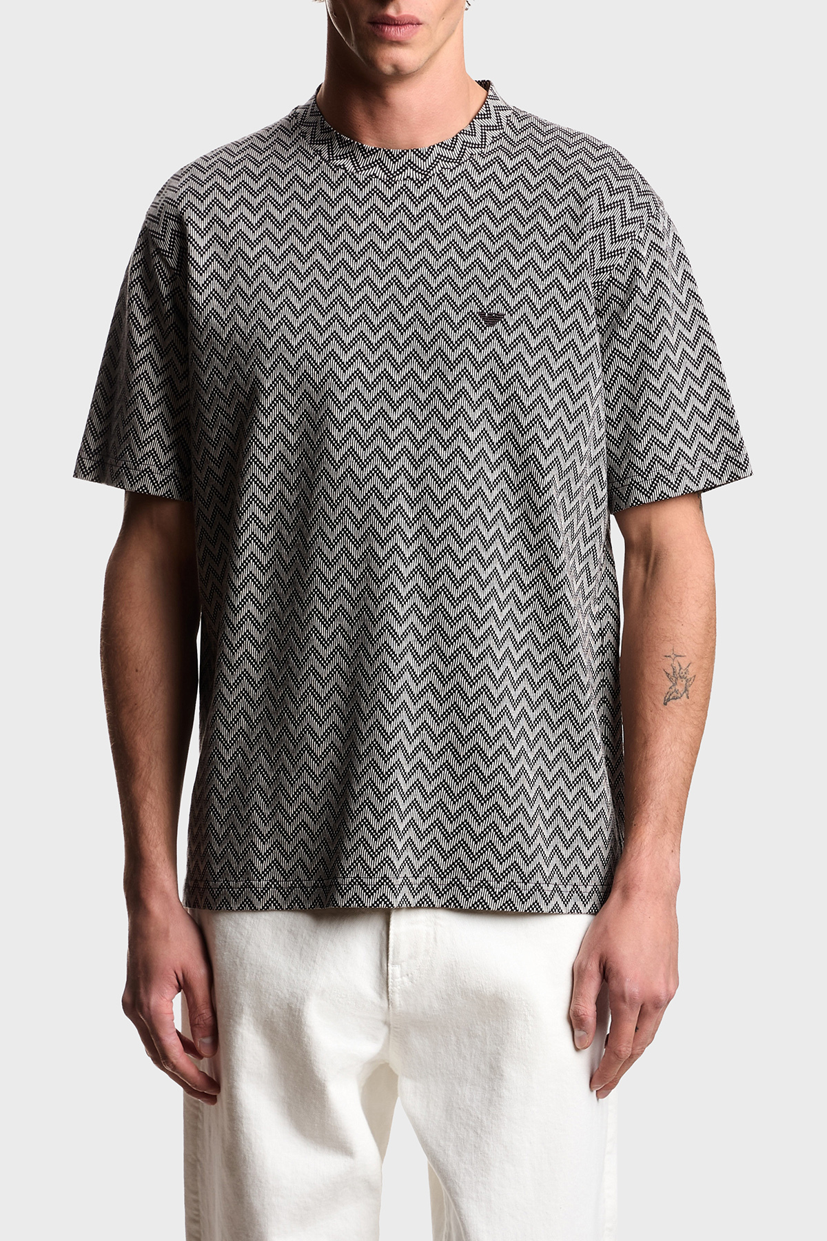 Emporio Armani Yün ve Kaşmir Karışımlı Desneli Bisiklet Yaka Erkek T Shirt EM005546 AF25181 F1008 GRİ