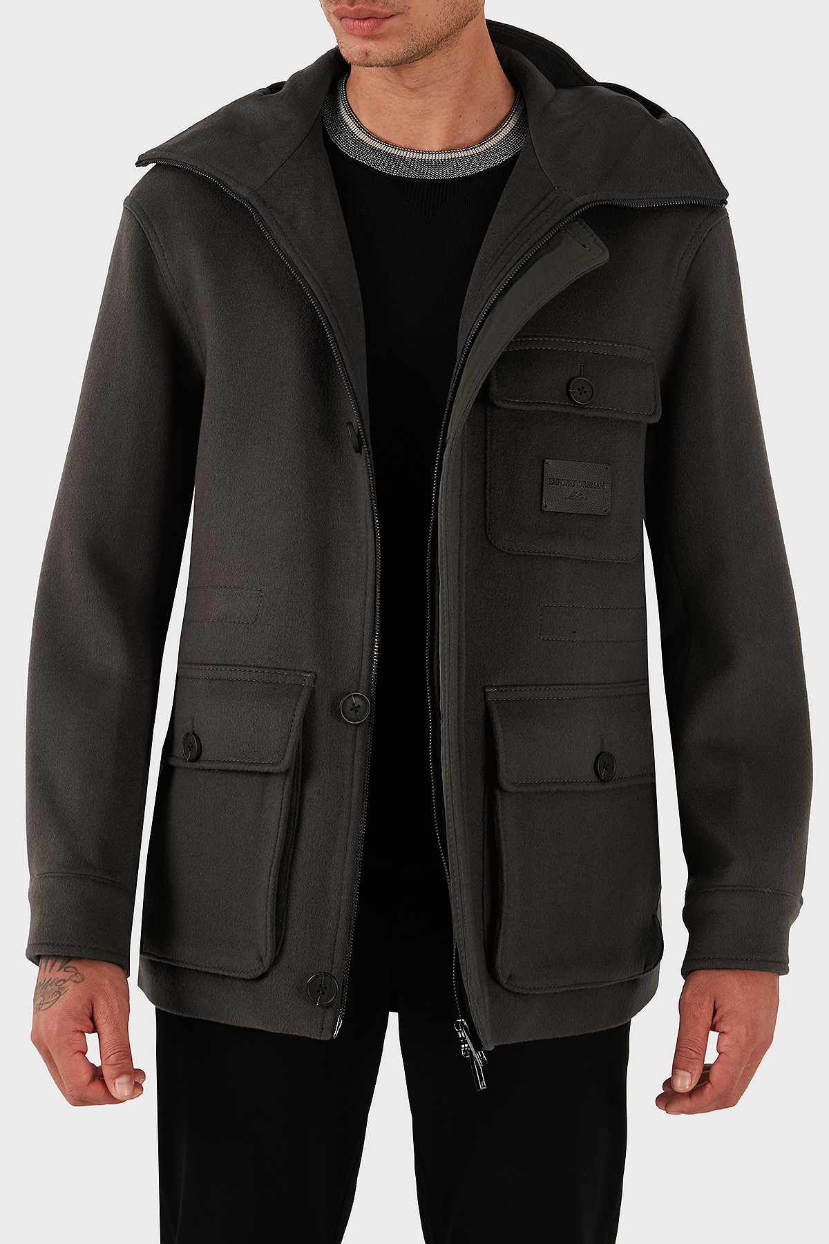 Emporio Armani Yün ve Kaşmir Karışımlı Regular Fit Kapüşonlu Erkek Mont EM003183 AF18229 U8112 ANTRASİT