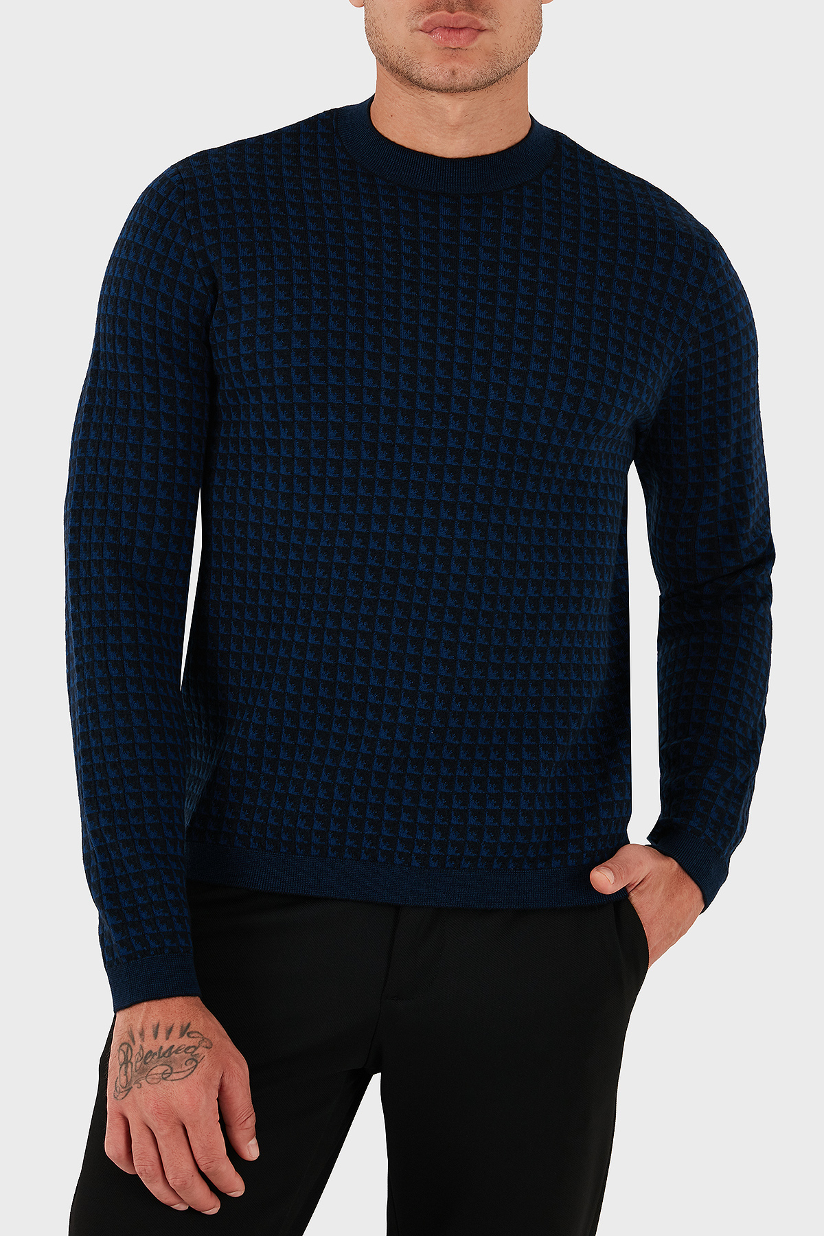 Emporio Armani Yünlü Jakarlı Logo Basklı Regular Fit Bisiklet Yaka Erkek Kazak EM001989 AF14199 FB066 LACİVERT