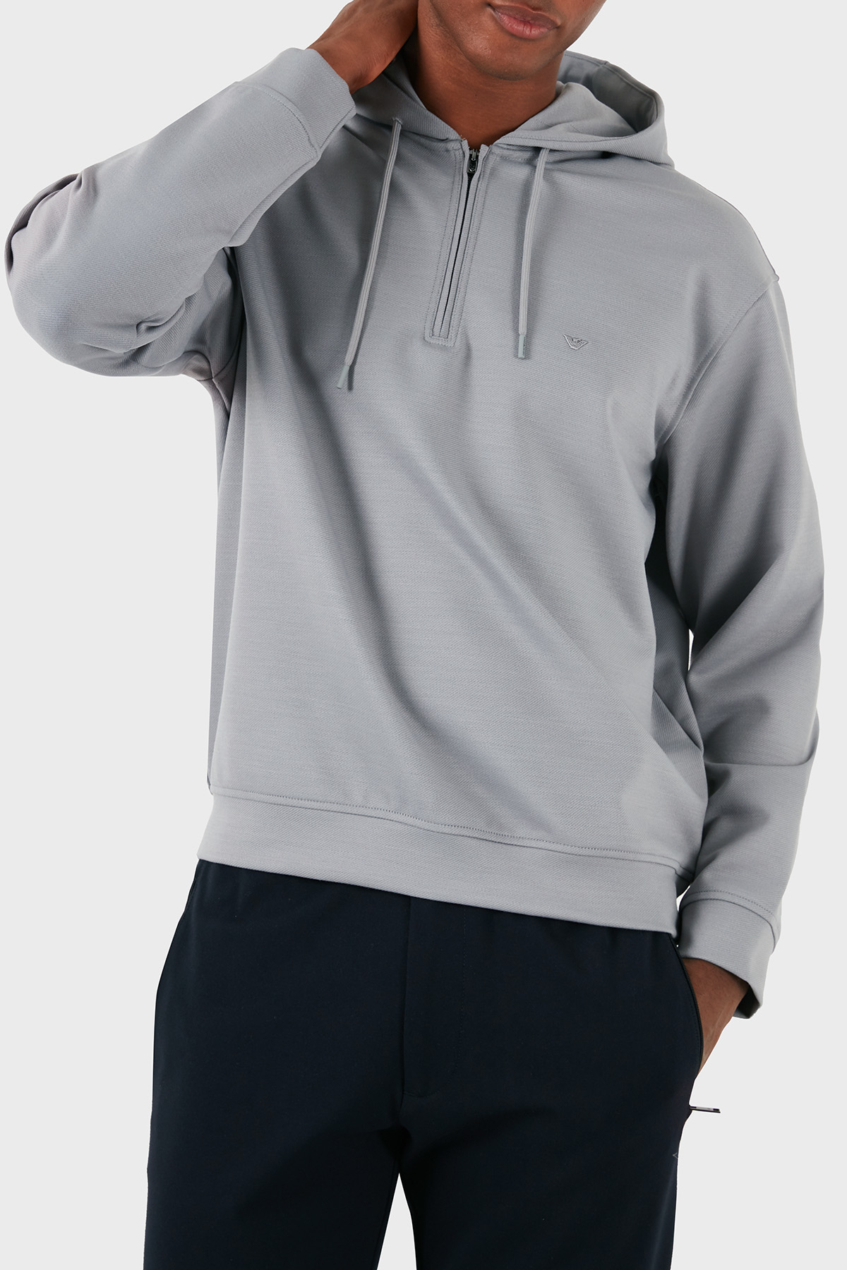 Emporio Armani Yünlü Logolu Regular Fit Yarım Fermuarlı Kapüşonlu Erkek Sweat 6D1MC9 1JHQZ 06K3 GRİ