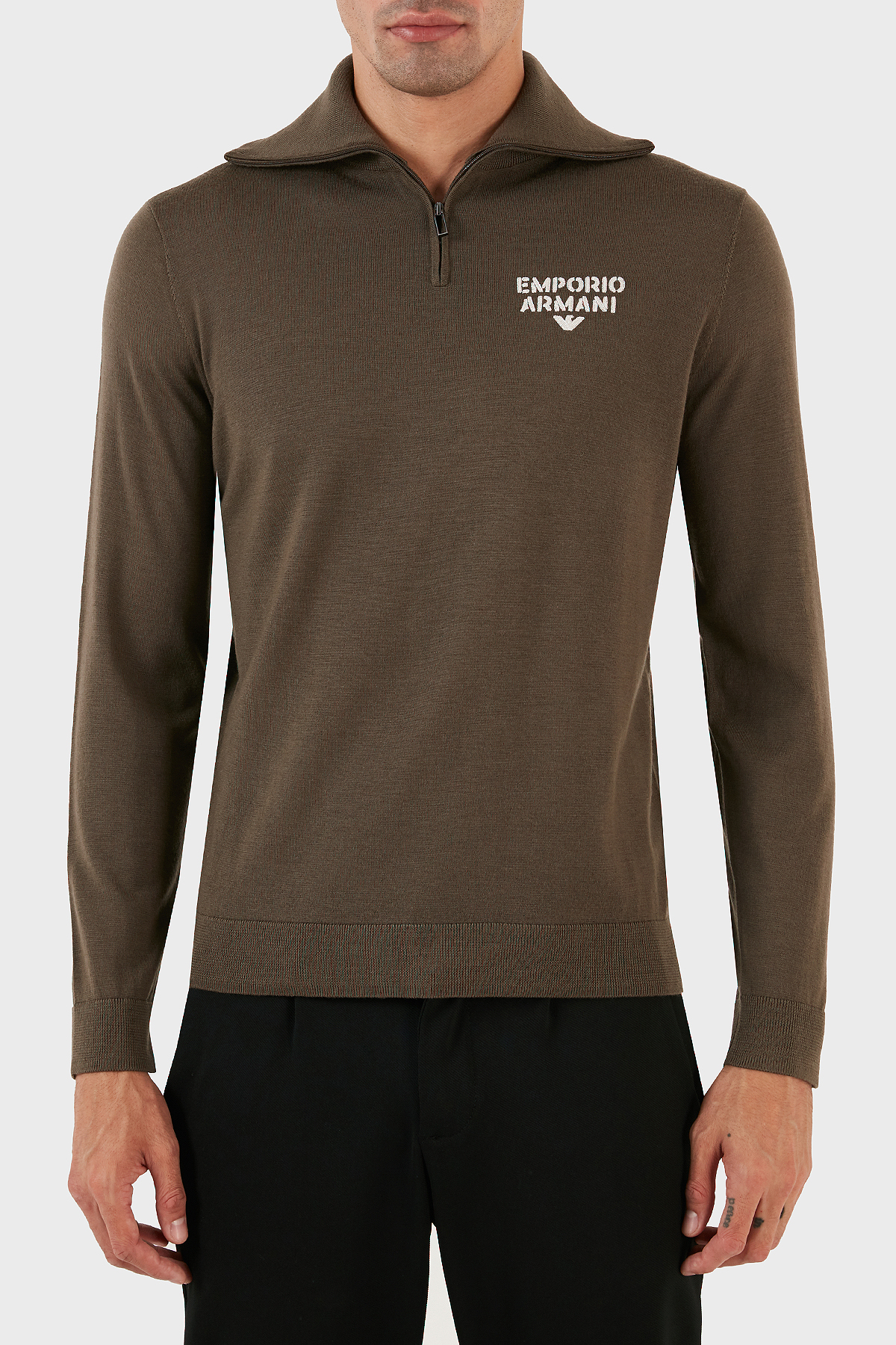 Emporio Armani Yünlü Regular Fit Fermuarlı Dik Yaka Erkek Kazak 6R1MXF 1MNFZ F440 HAKİ