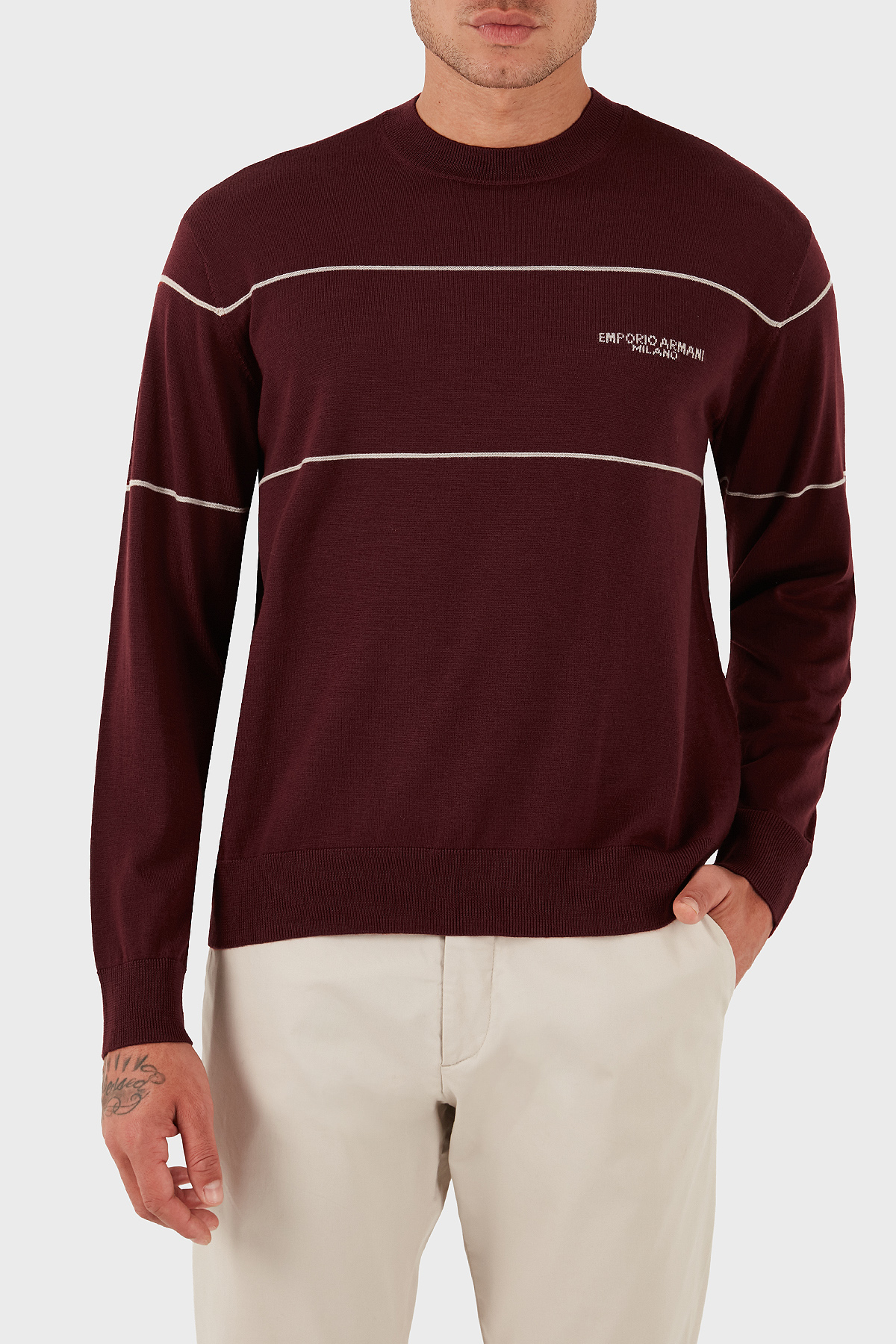 Emporio Armani Yünlü Şerit Detaylı Regular Fit Bisiklet Yaka Erkek Kazak EM002796 AF14199 M5065 BORDO