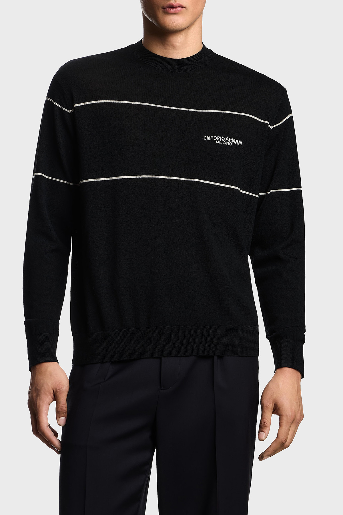 Emporio Armani Yünlü Şerit Detaylı Regular Fit Bisiklet Yaka Erkek Kazak EM002796 AF14199 MC156 SİYAH