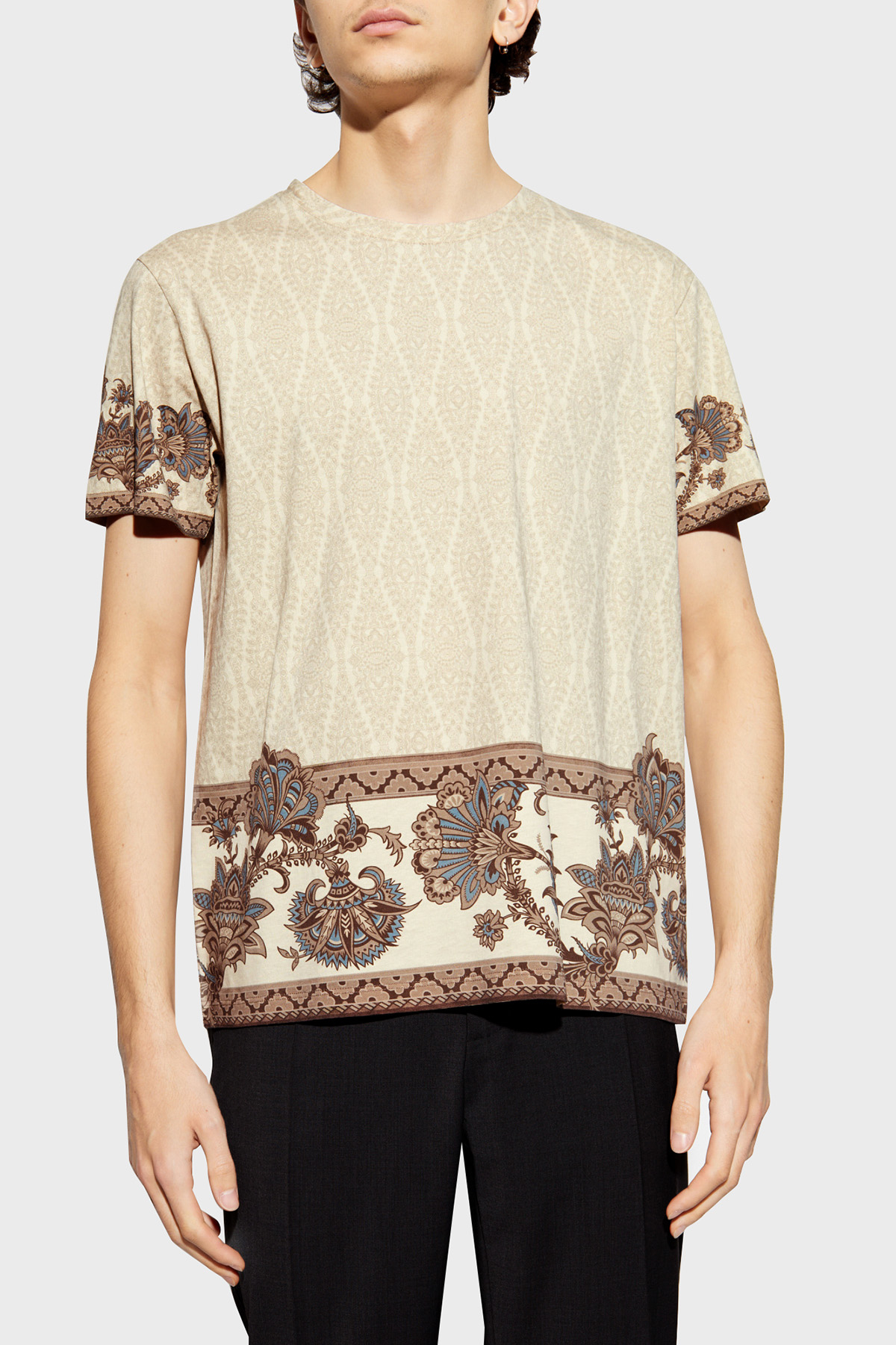 Etro Çiçek Desenli % 100 Pamuk Regular Fit Bisiklet Yaka Erkek T Shirt MRMA0002 AK596 X0820 BEJ