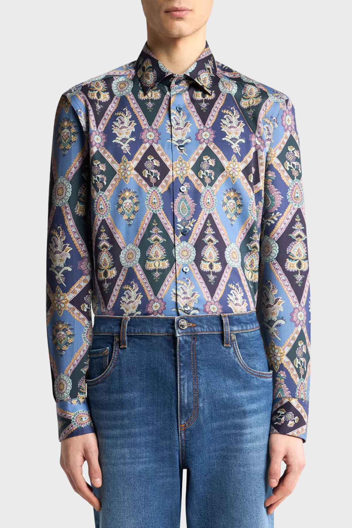 Etro Desenli % 100 Pamuk Regular Fit Kent Yaka Saten Erkek Gömlek MRIB0001 99SA5L4 X0883 LACİVERT