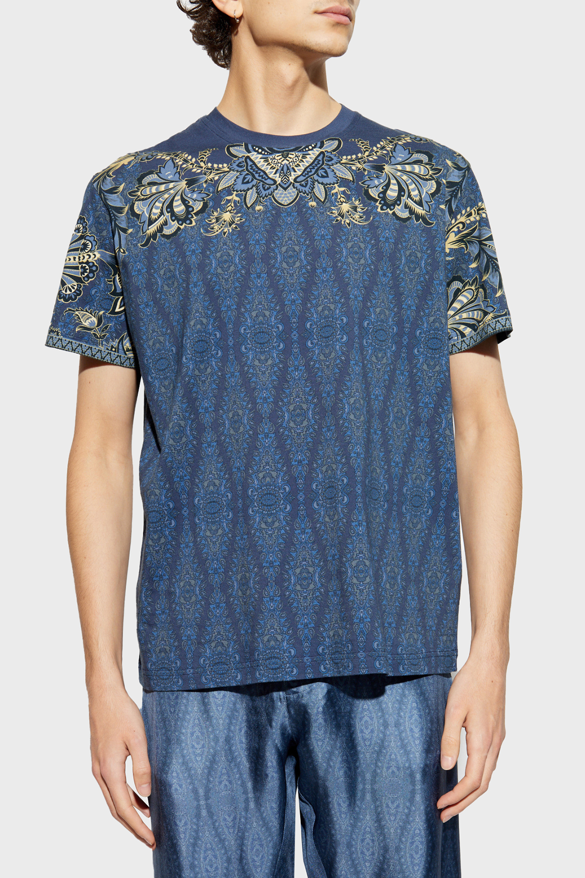 Etro Paisley Çiçekli % 100 Pamuk Regular Fit Bisiklet Yaka Erkek T Shirt MRMA0002 AK597 X0883 LACİVERT