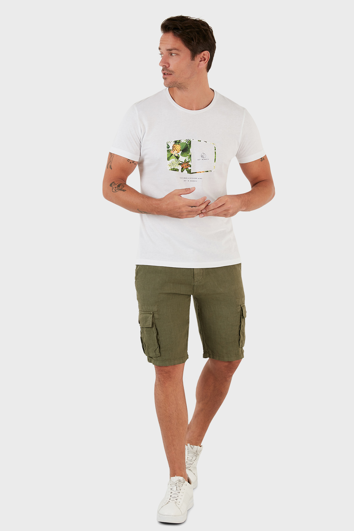 Exxe Belden Bağlamalı Cepli Regular Fit % 100 Keten Erkek Short 630JURIŞORT HAKİ