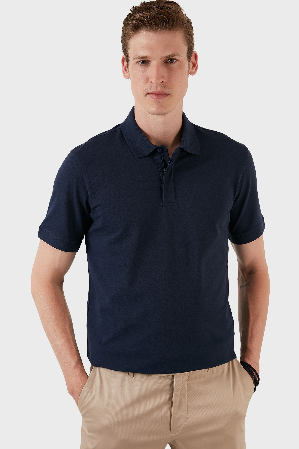 Exxe Pamuklu Regular Fit Düğme ve Fermuarlı  T Shirt Erkek Polo EX601 İNDİGO