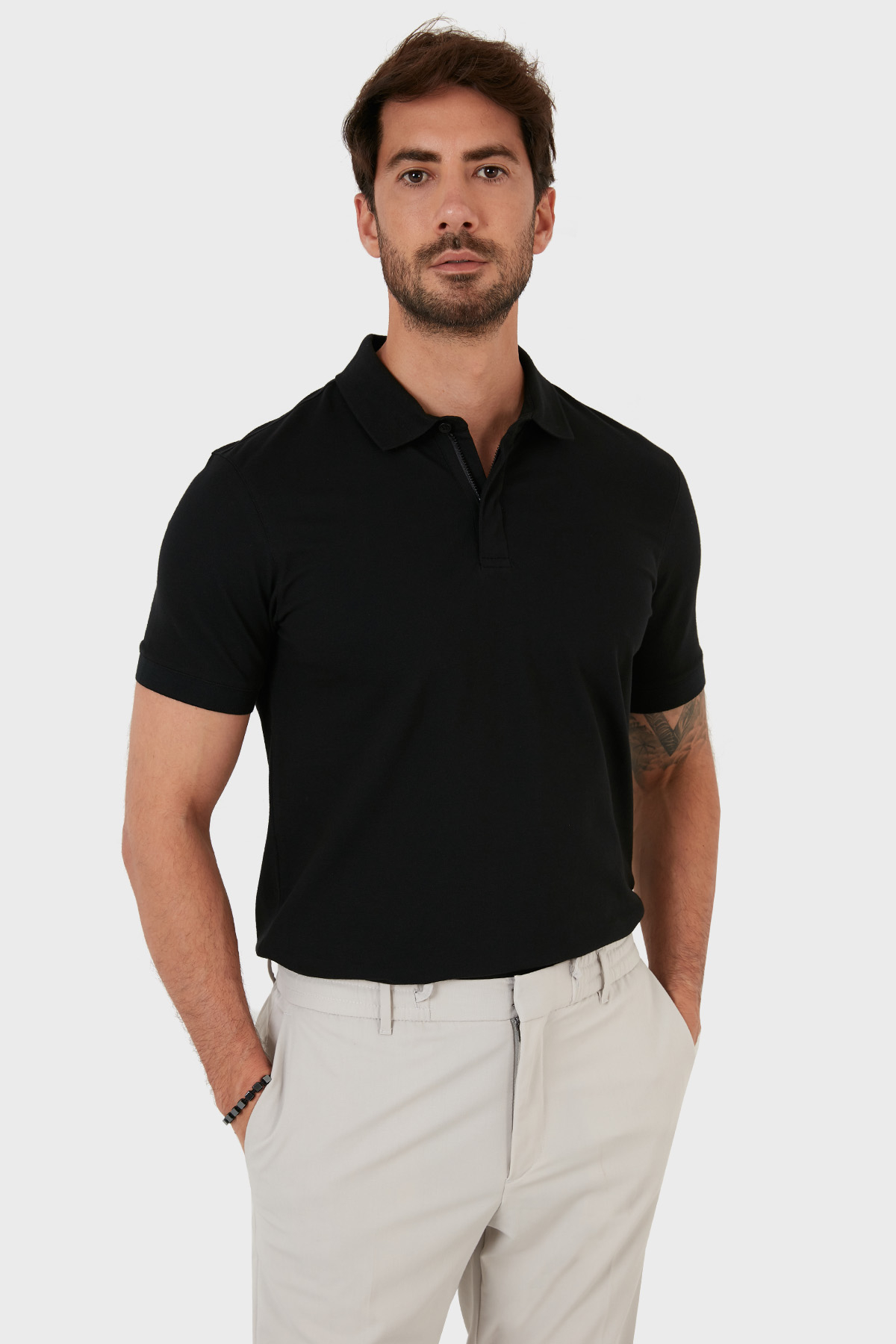 Exxe Pamuklu Regular Fit Düğme ve Fermuarlı  T Shirt Erkek Polo EX601 SİYAH