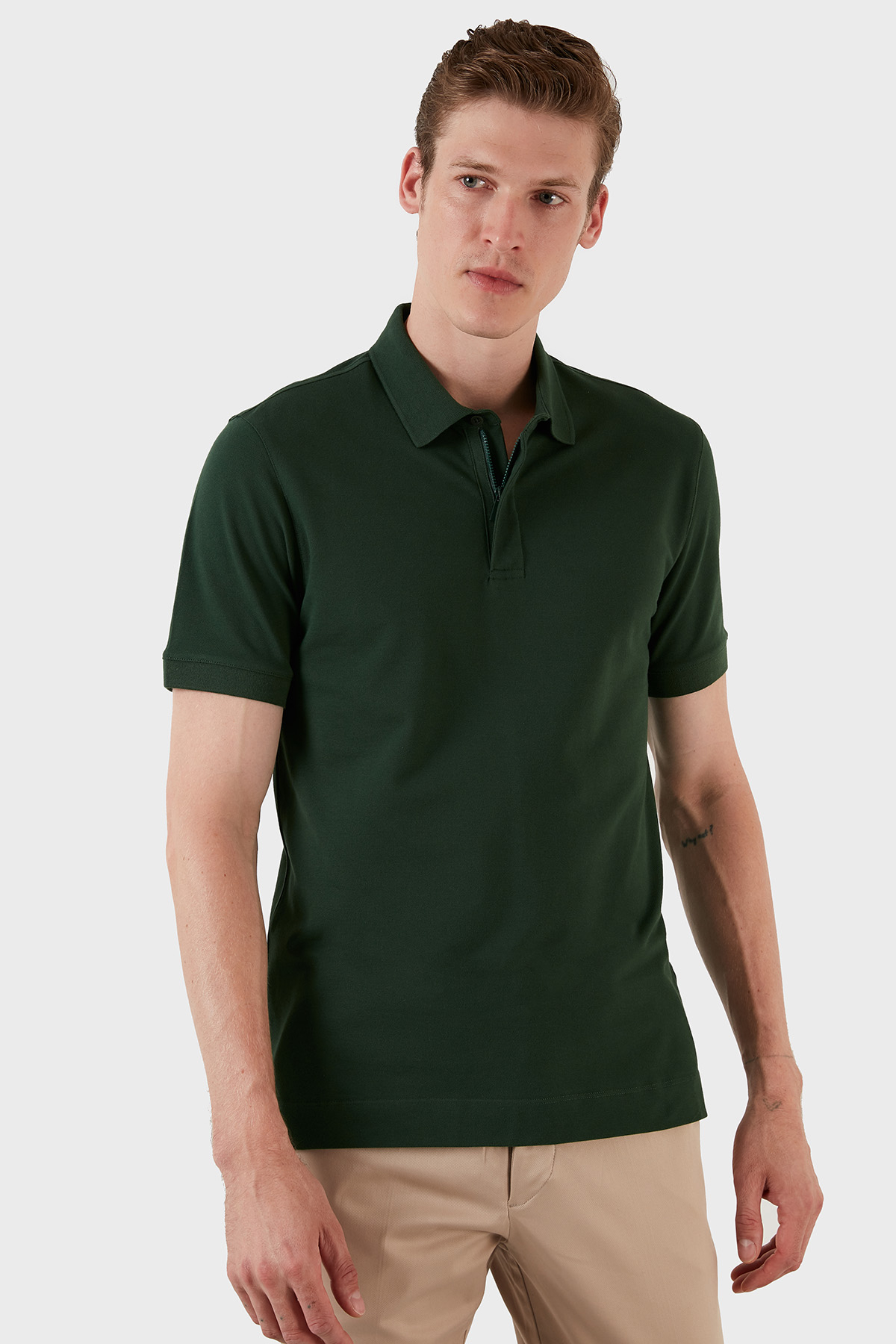 Exxe Pamuklu Regular Fit Düğme ve Fermuarlı  T Shirt Erkek Polo EX601 YEŞİL