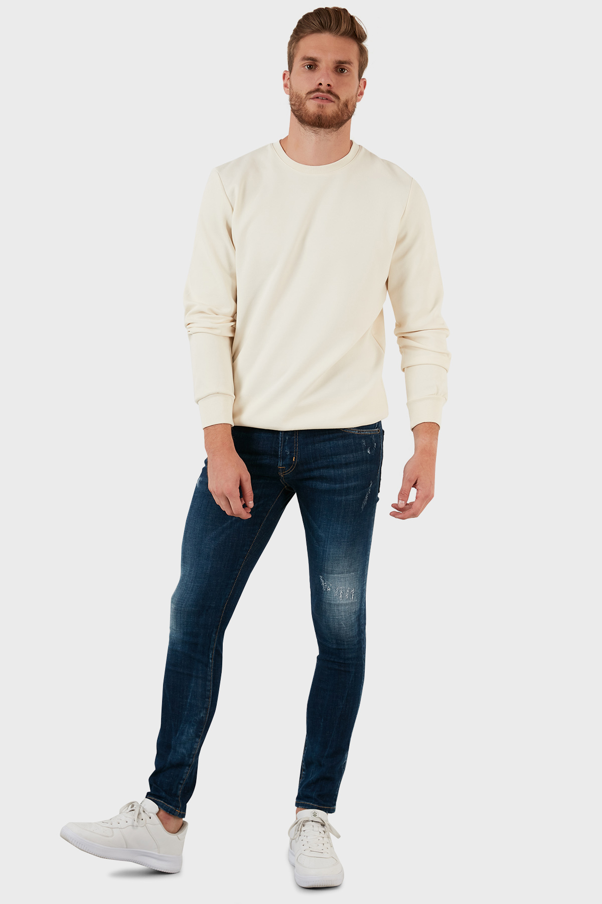 Exxe Pamuklu Yırtık Detaylı Normal Bel Skinny Fit Jeans Erkek Kot Pantolon 629DSK003 MAVİ