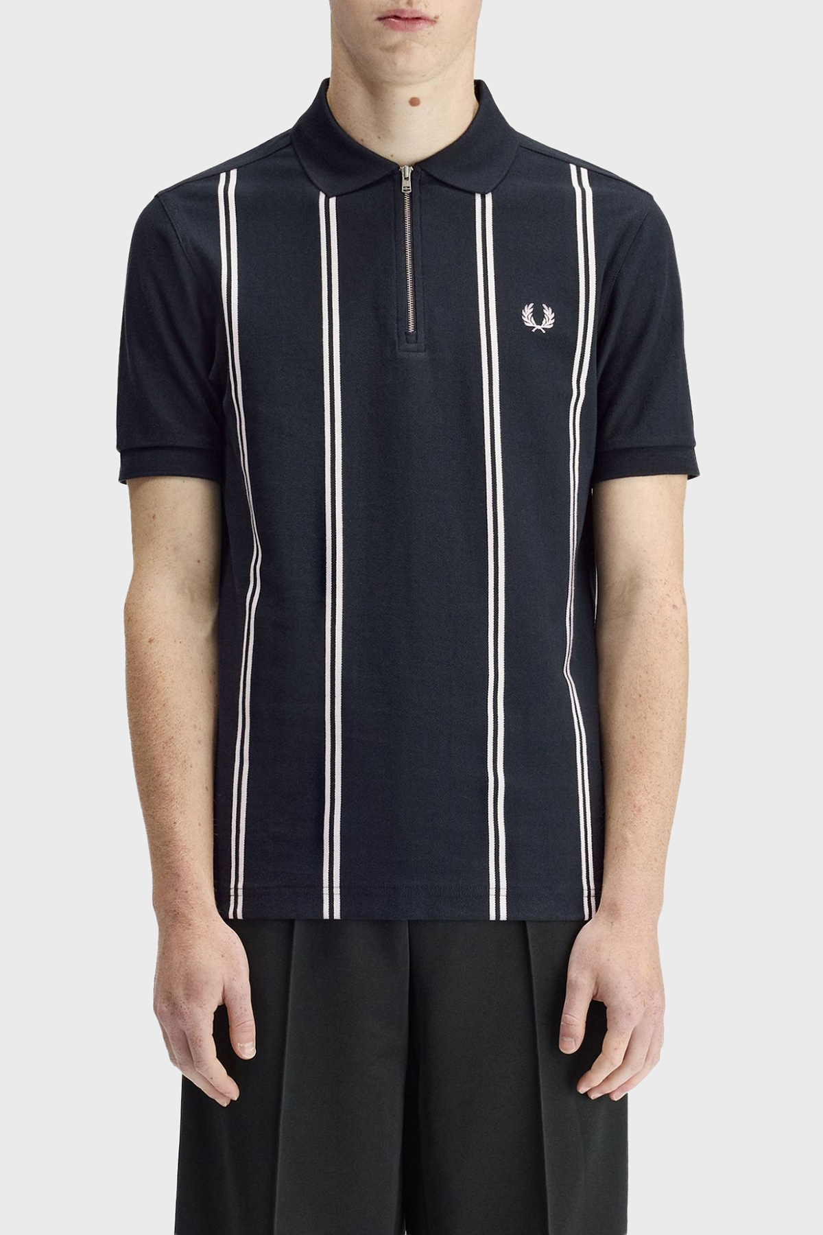 Fred Perry % 100 Pamuk Çizgili Regular Fit Yarım Fermuarlı Erkek Polo M2419 608 LACİVERT