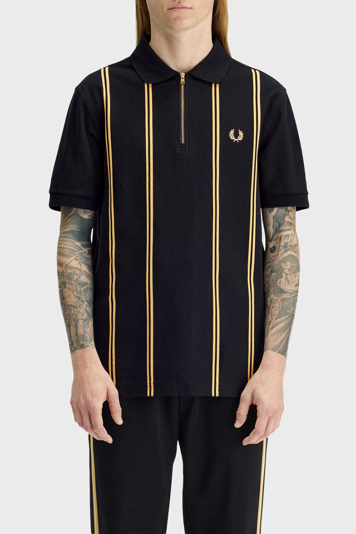 Fred Perry % 100 Pamuk Çizgili Regular Fit Yarım Fermuarlı Erkek Polo M2419 90A SİYAH