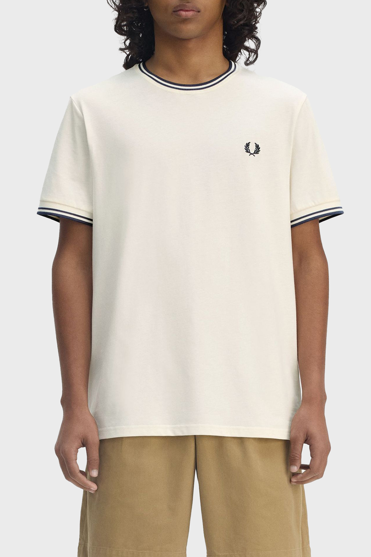 Fred Perry % 100 Pamuk Regular Fit Şerit Detaylı Sıfır Yaka Erkek T Shirt M1588 Y24 EKRU