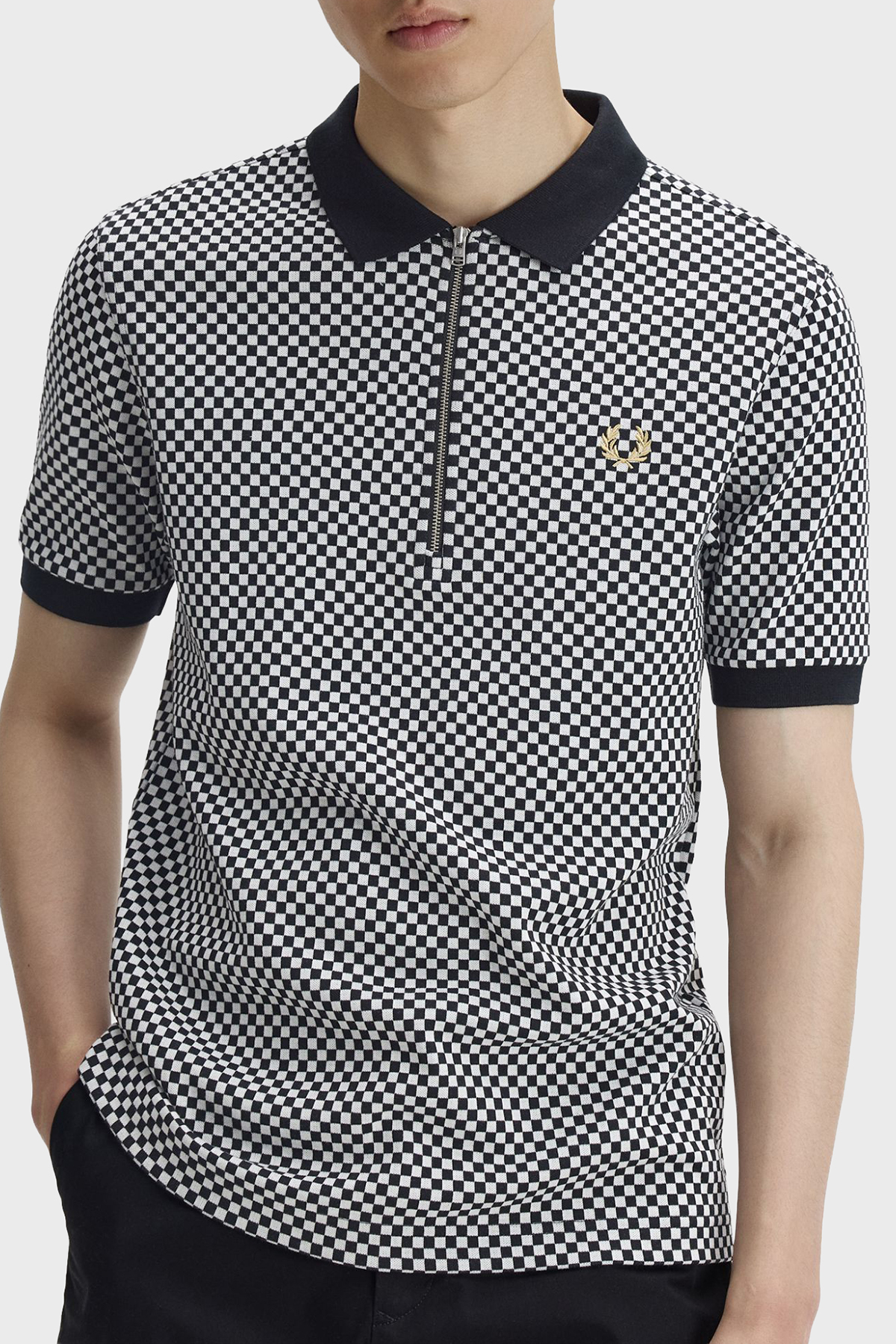 Fred Perry Dama Desenli % 100 Pamuk Regular Fit Yarım Fermuarlı Erkek Polo M2399 102 SİYAH-BEYAZ