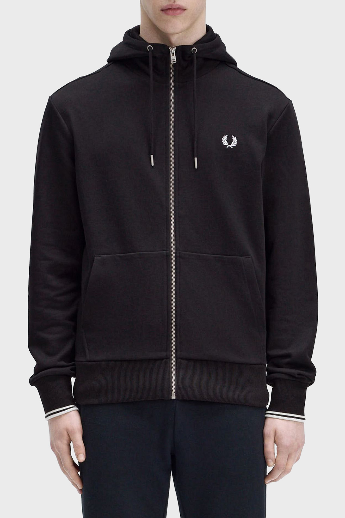Fred Perry Logolu % 100 Pamuk Regular Fit Kapüşonlu Erkek Sweat J7536 198 SİYAH