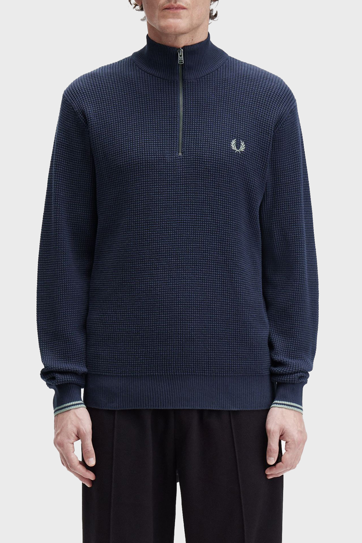 Fred Perry Pamuklu Regular Fit Yarım Fermuarlı Dik Yaka Yivli Erkek Sweat K8557 738 KOYU MAVİ