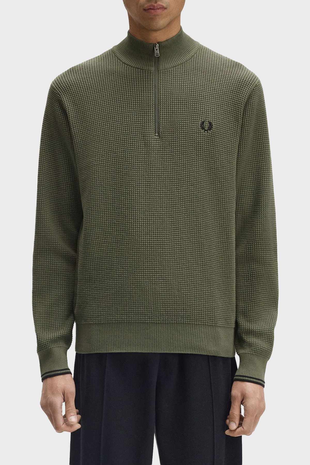 Fred Perry Pamuklu Regular Fit Yarım Fermuarlı Dik Yaka Yivli Erkek Sweat K8557 X21 HAKİ