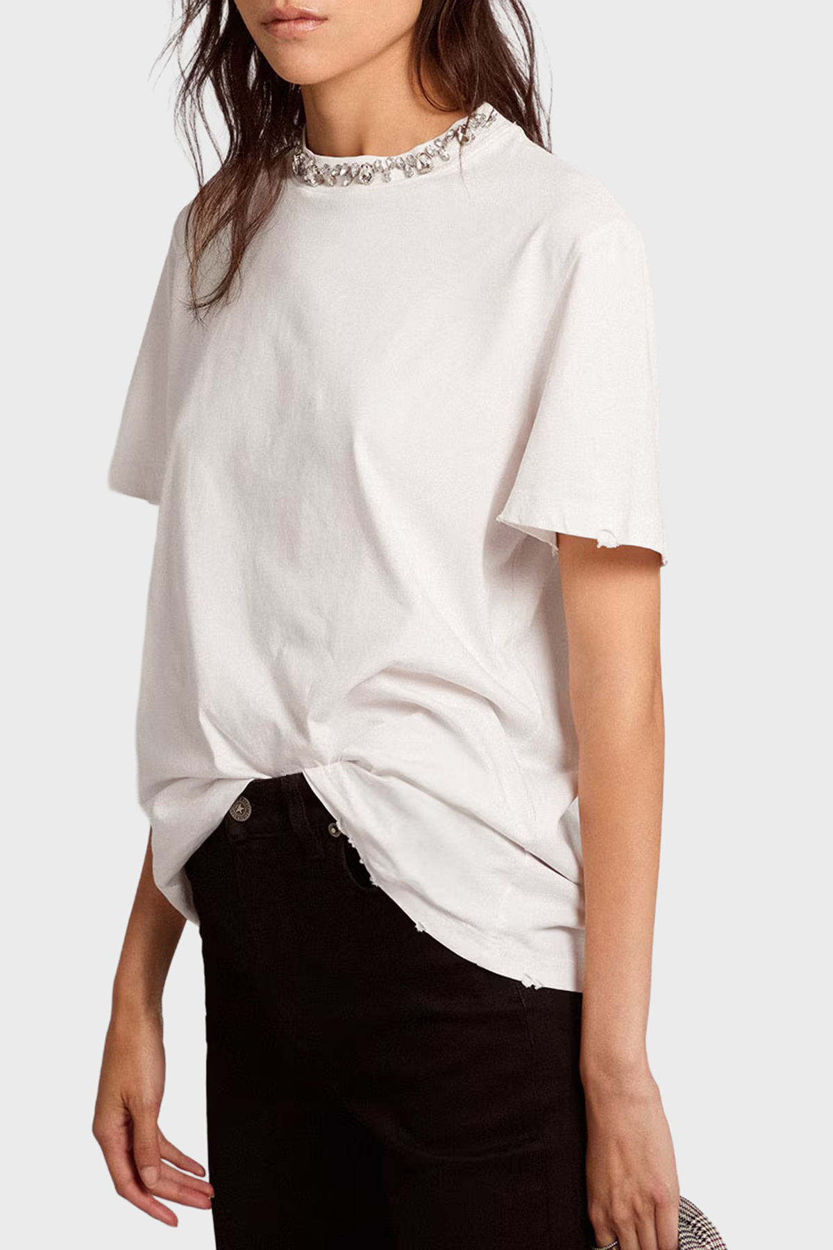Golden Goose Pamuklu Regular Fit Parlak Taşlı Sıfır Yaka Kadın T Shirt GWP01220.P000673.10363 BEYAZ