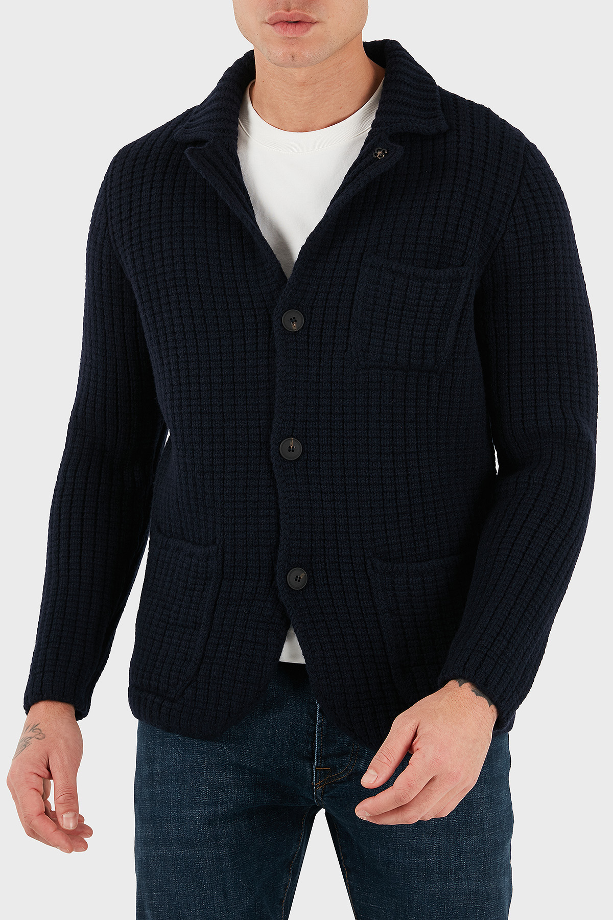 Gran Sasso % 100 Yün Regular Fit Cepli Düğmeli Örme Erkek Ceket 10166 25073 598 LACİVERT