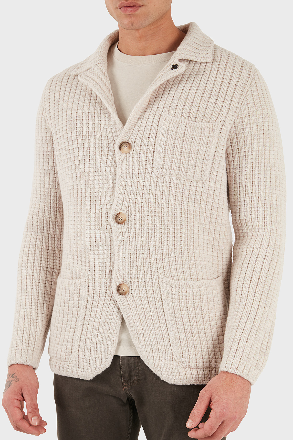 Gran Sasso % 100 Yün Regular Fit Düğmeli Örme Erkek Ceket 10166 25073 054 BEJ