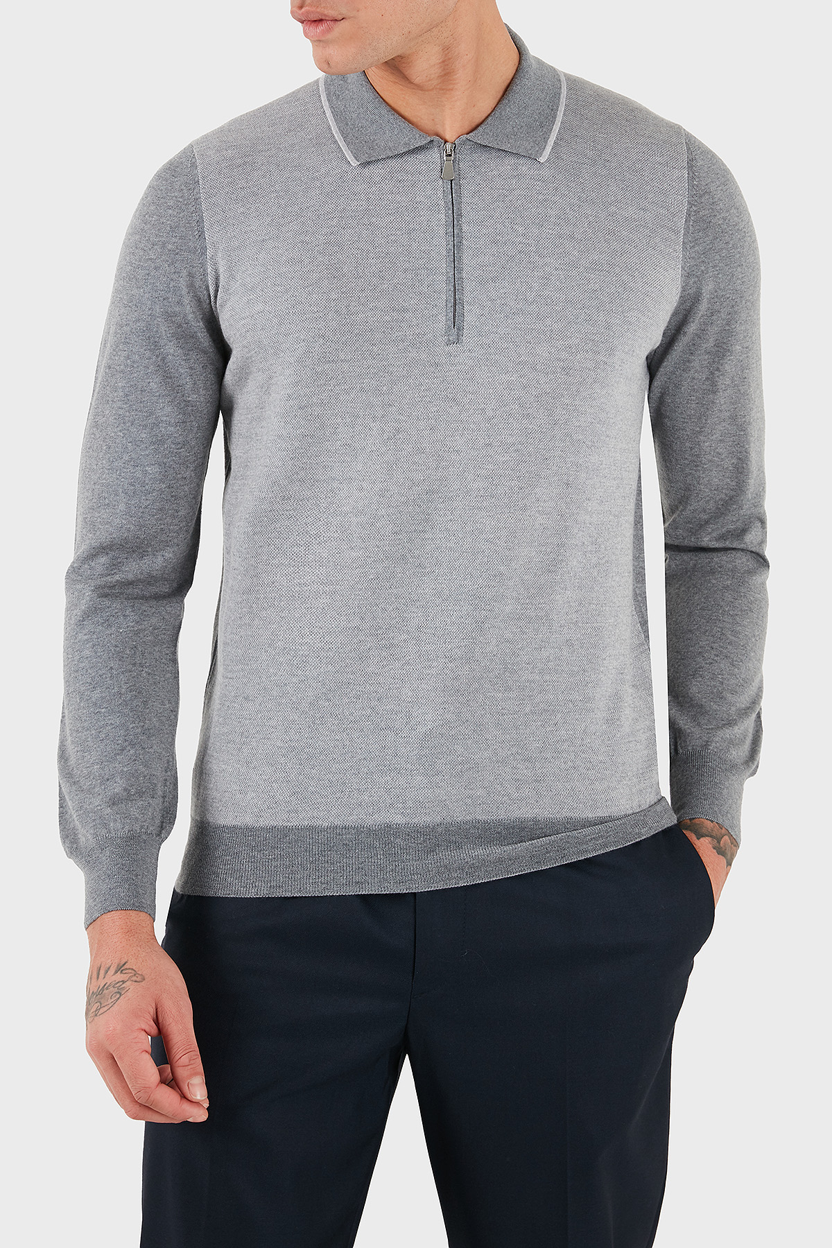 Gran Sasso % 100 Yün Regular Fit Yarım Fermuarlı Erkek Polo Yaka Kazak 43108 14713 090 GRİ